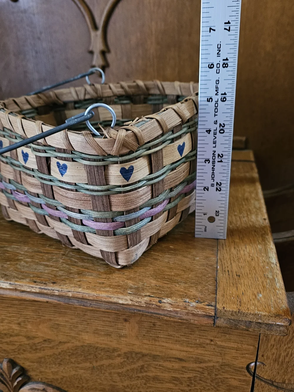 Vintage Folk Art Woven Basket Blue Hearts Wood Handle Cottage Decor
